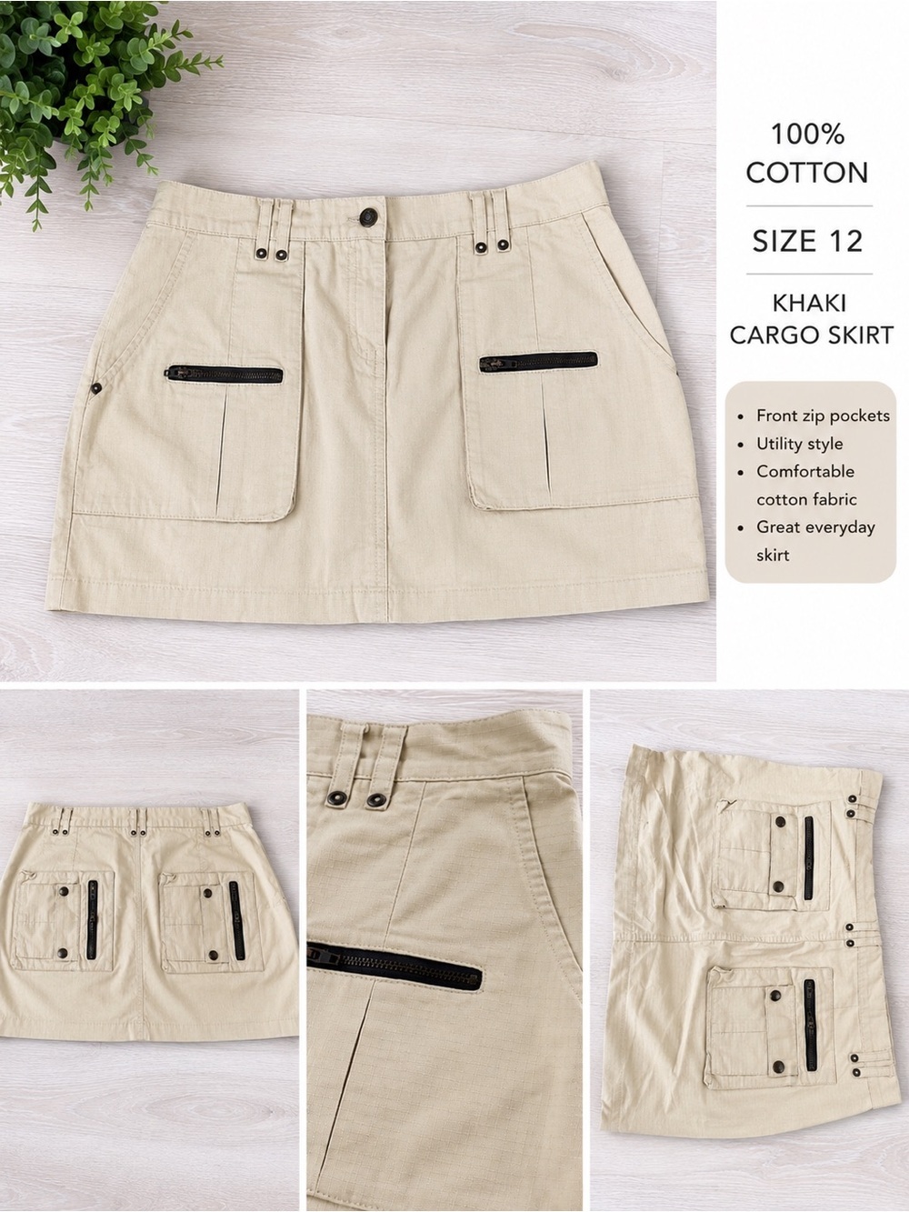 Khaki Cargo Skirt with Front Zip Pockets - Women size 12